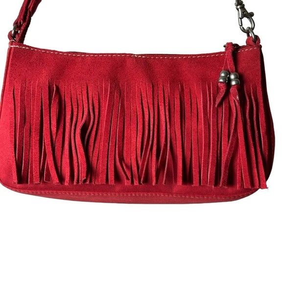 NINE WEST Red Fringed Leather Suede Small Size Handbag Measurements Below NEW - Picture 3 of 14